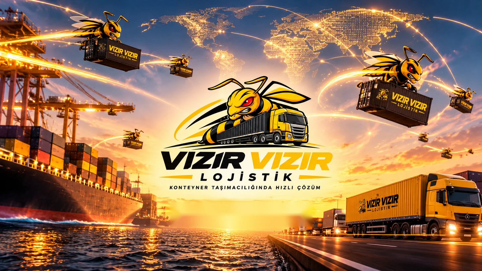 Vızır Vızır Lojistik, konteyner taşıyan arılar ve liman sahnesi